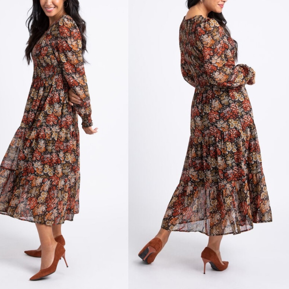 Papillon Blanc Autumn Floral Long Sleeve Dress Sz L